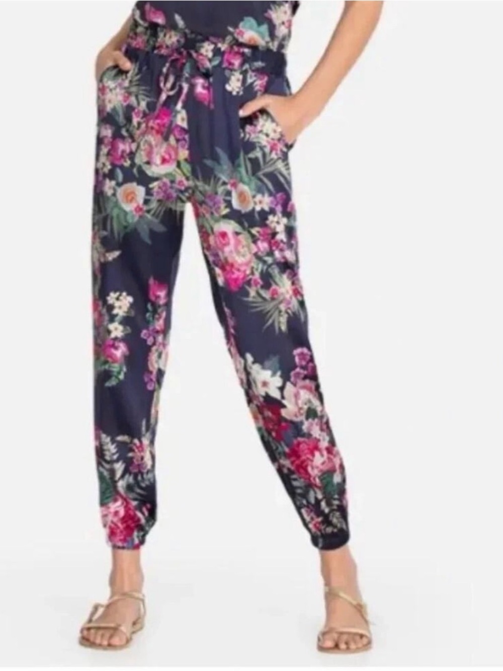 Johnny Was Cora Floral Drawstring Jogger Pants - Navy Pink. Sz XL